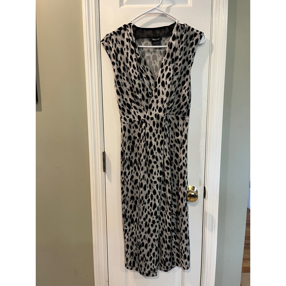 Isabel De Pedro Grey Black Leopard Print Twist Front V-Neck Midi Dress Size 6 b2